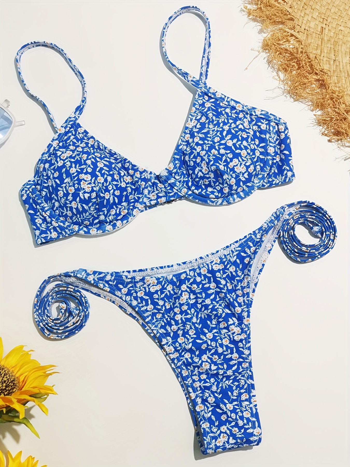 Blue Ditsy Floral Print Bikini High Waist Tummy Control Wide - Temu Canada