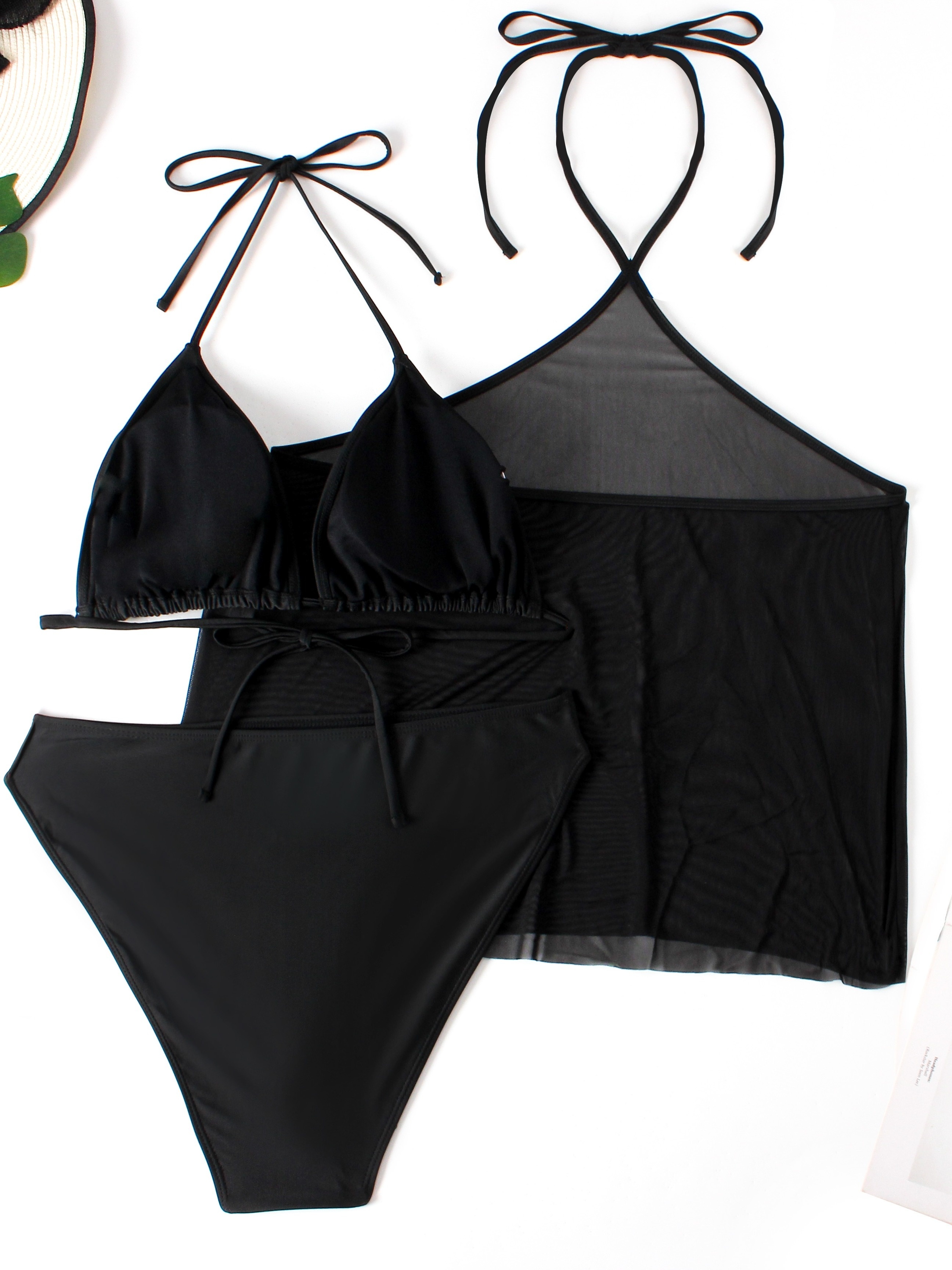 Plus Size Sexy Bikini Set, Women's Plus Solid Triangle Cup Halter Bra &  Panty & Semi Sheer Mesh Cover Up Swimsuit Three Piece Set