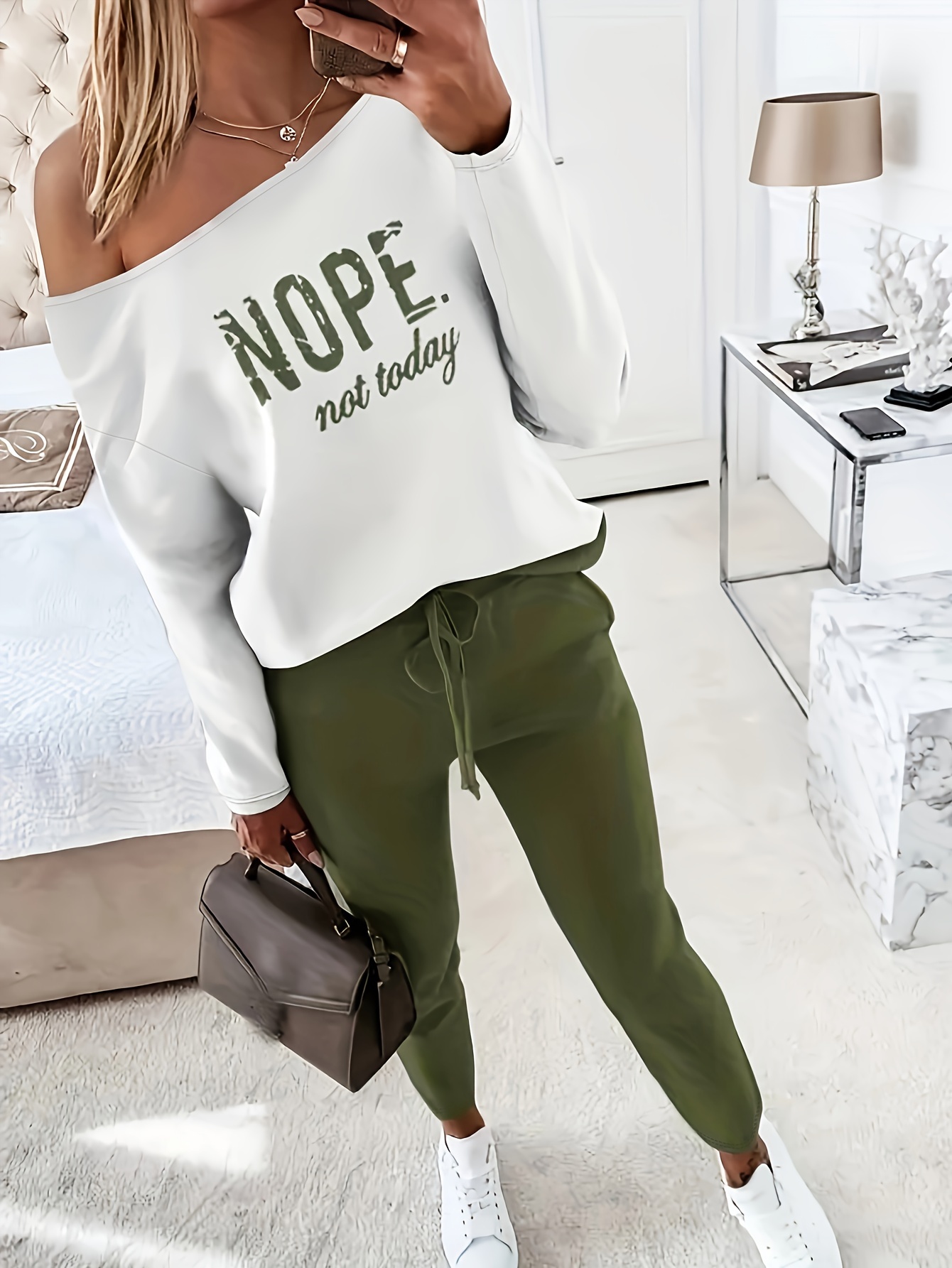 Letter Print Slim Two-piece Set, Mock Neck Long Sleeve Tops & Long Length  Pants Outfits, Women's Clothing - Temu Germany