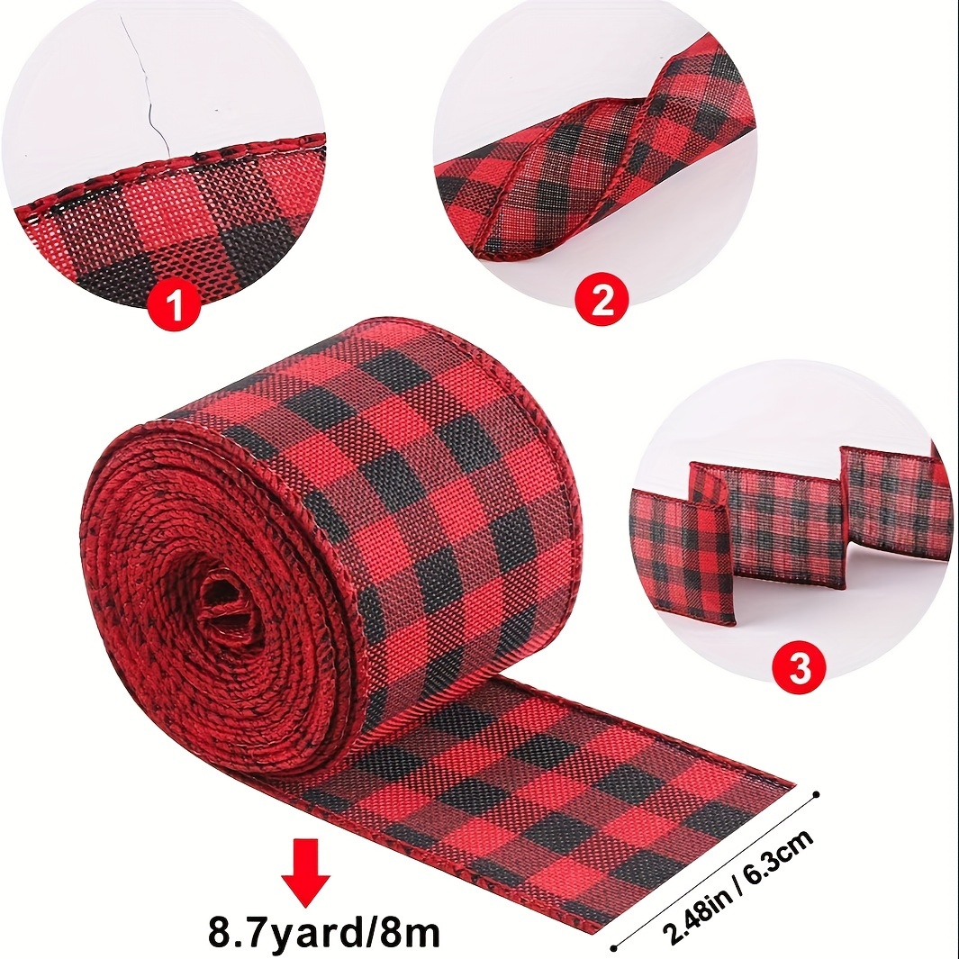 Red and White Plaid Wired Craft Christmas Ribbon 2.5 x 10 Yards