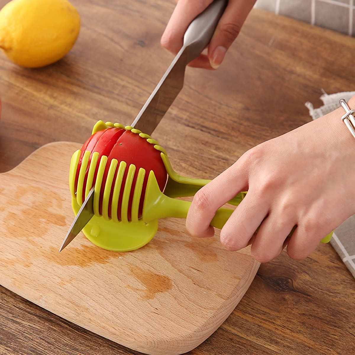 1pc Tomato Lemon Slicer Holder Round Fruits Onion Cutter Guide Vegetable  And Fruits Shreader Tong Kitchen Gadgets Kitchen Accessories - Home &  Kitchen - Temu