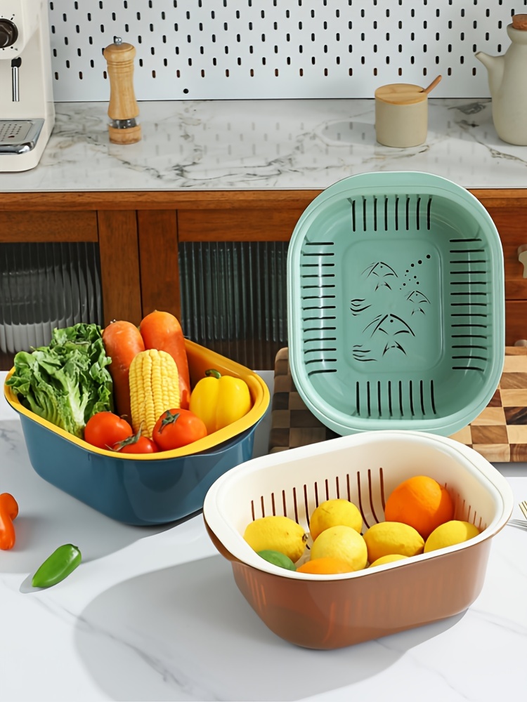  Double-Layer Plastic Washing Basin, Kitchen Artifact Household  Fruit Washing Fruit Vegetable Basket, Making It Easier to Drainage,  Binaural Handles Easier to Carry and Move : Sports & Outdoors