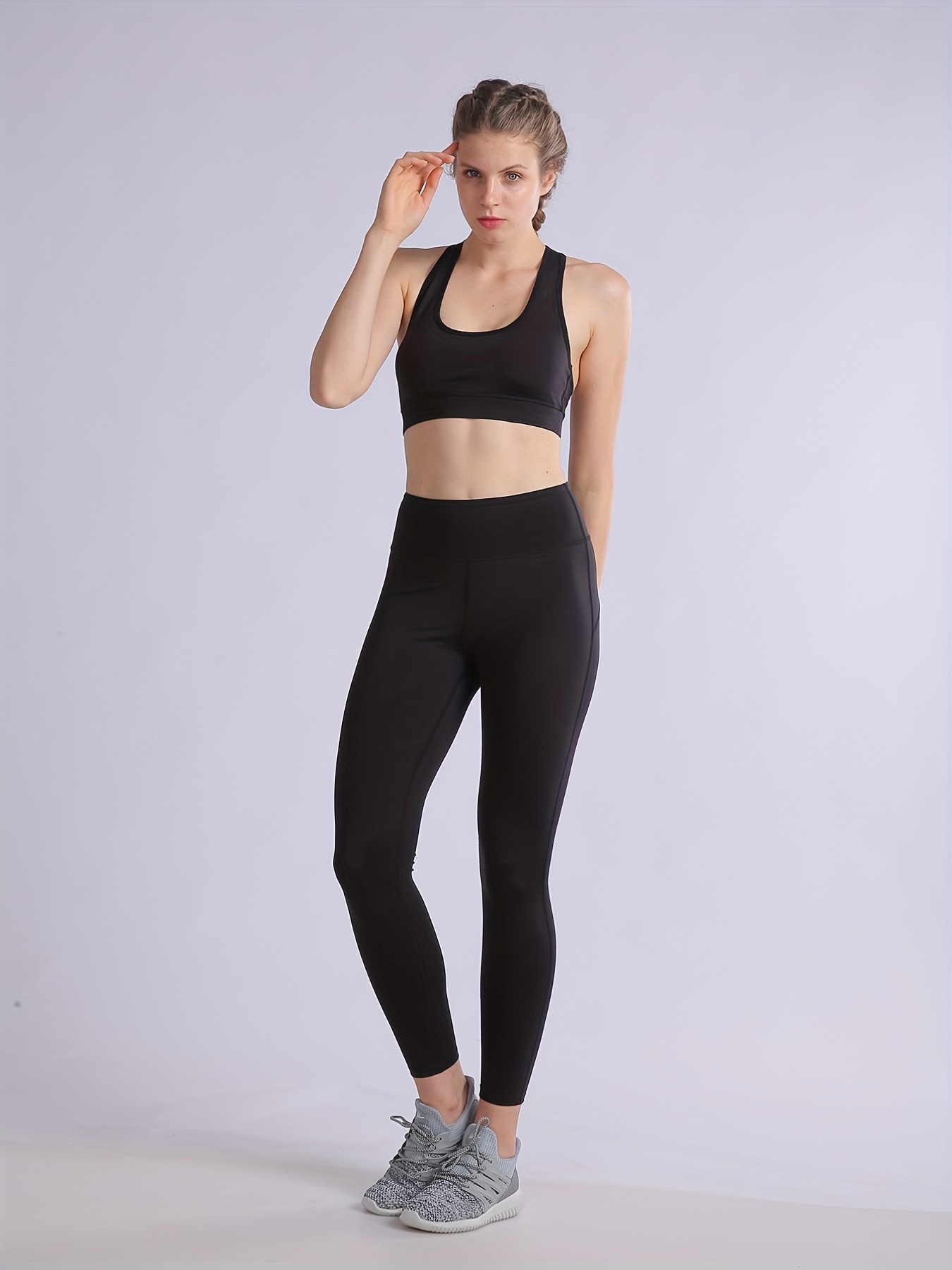 2pcs Solid Yoga Sports Bra & Leggings Set Women's Activewear