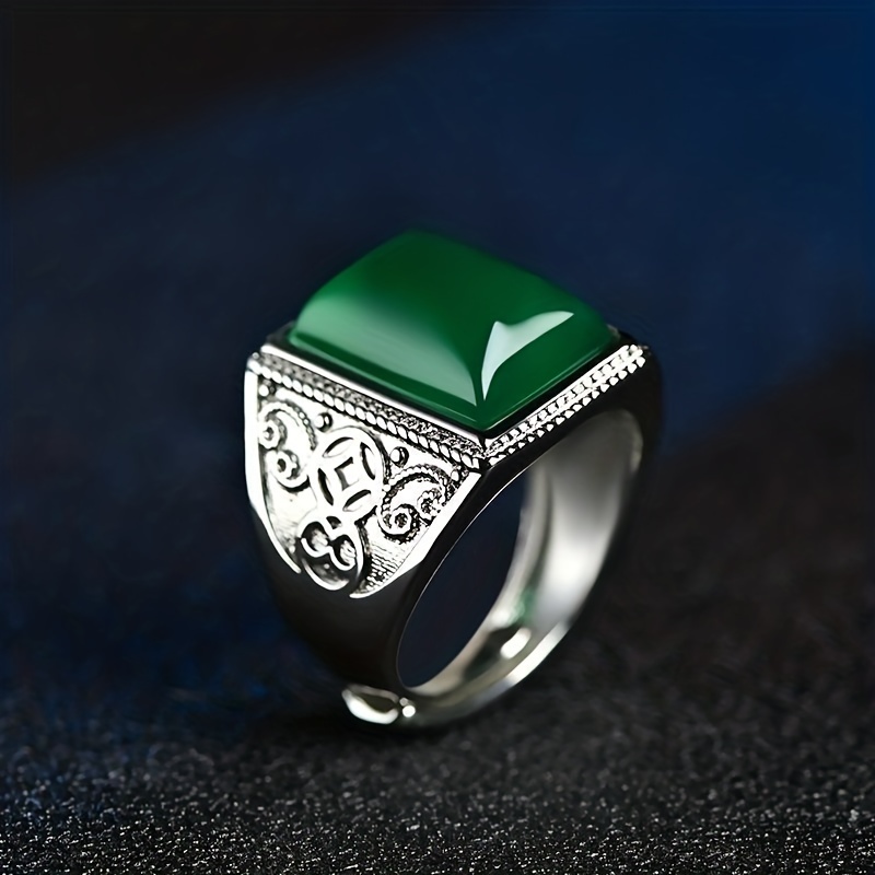 Men's Chrysoprase Silver Ring Adjustable Domineering Emerald Men's Ring