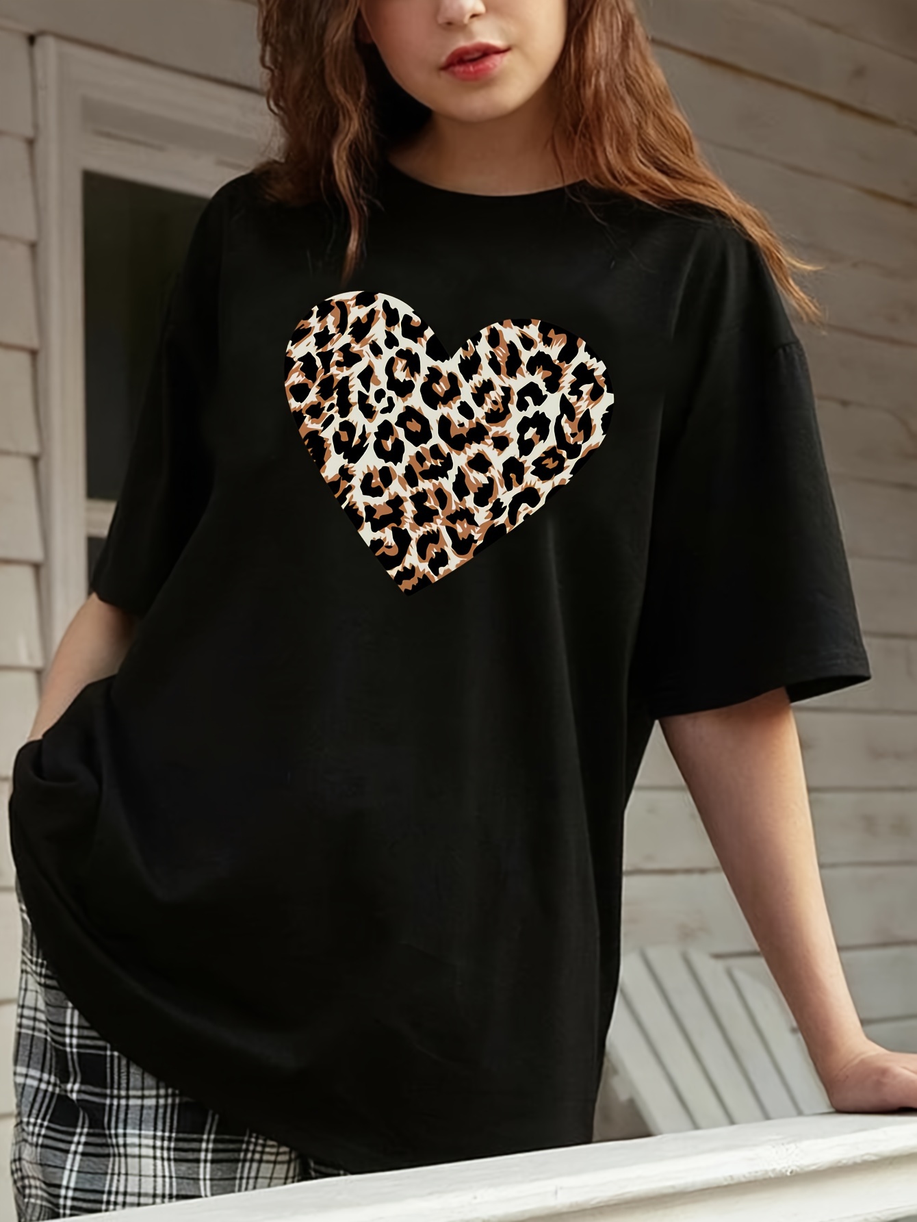 Leopard Heart Print T shirt Vintage Crew Neck Short Sleeve - Temu