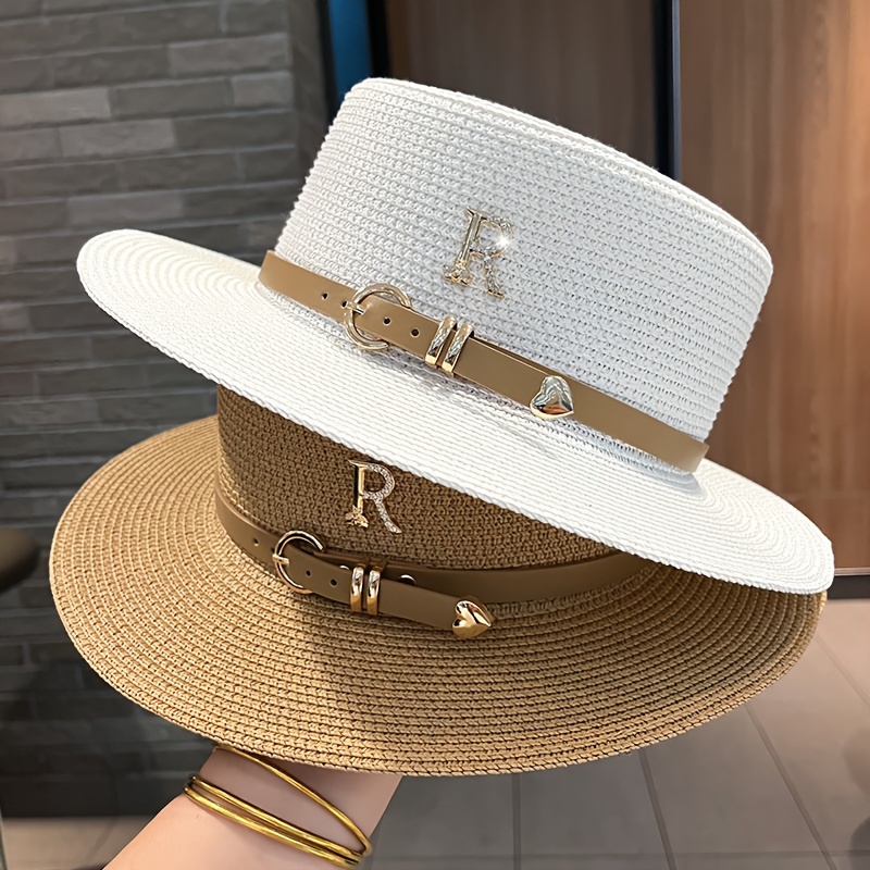 

1pc Wide Brim Straw Hat With Metal Letter Belt Decor, Casual Beach Hat Cowboy Cowgirl Sun Hat