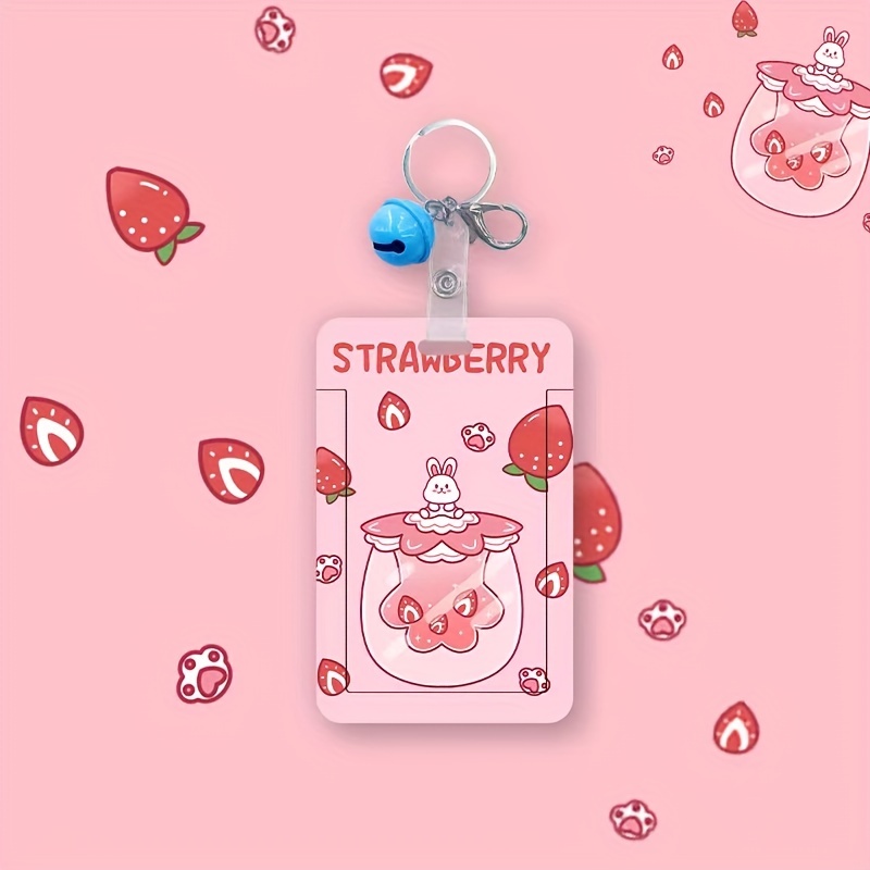 1pc Cute Cartoon Pink Strawberry Id Card Protector With Long