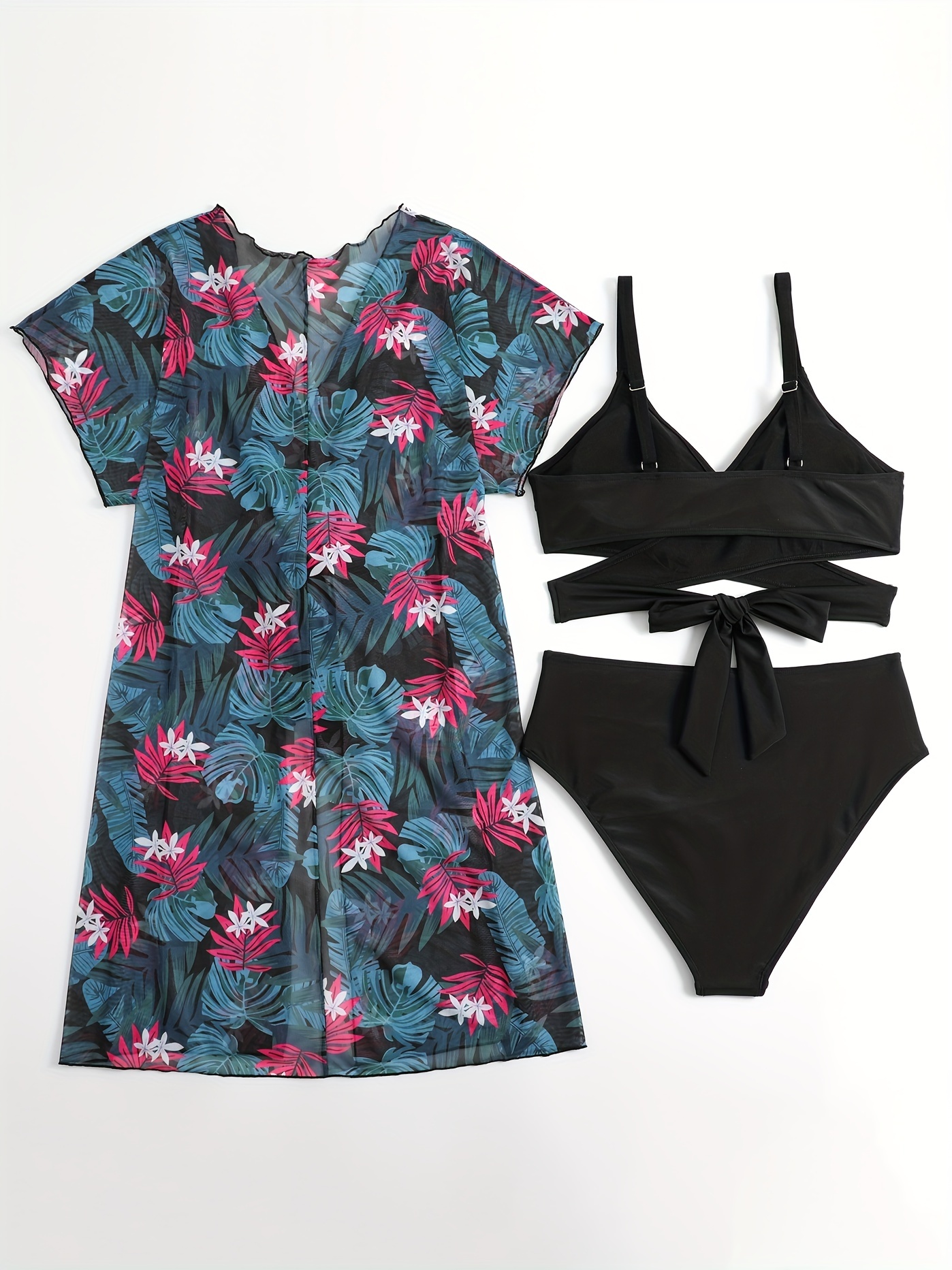SHEIN Swim Vcay Plus 3pack Tropical Print Tie Front Bikini Swimsuit