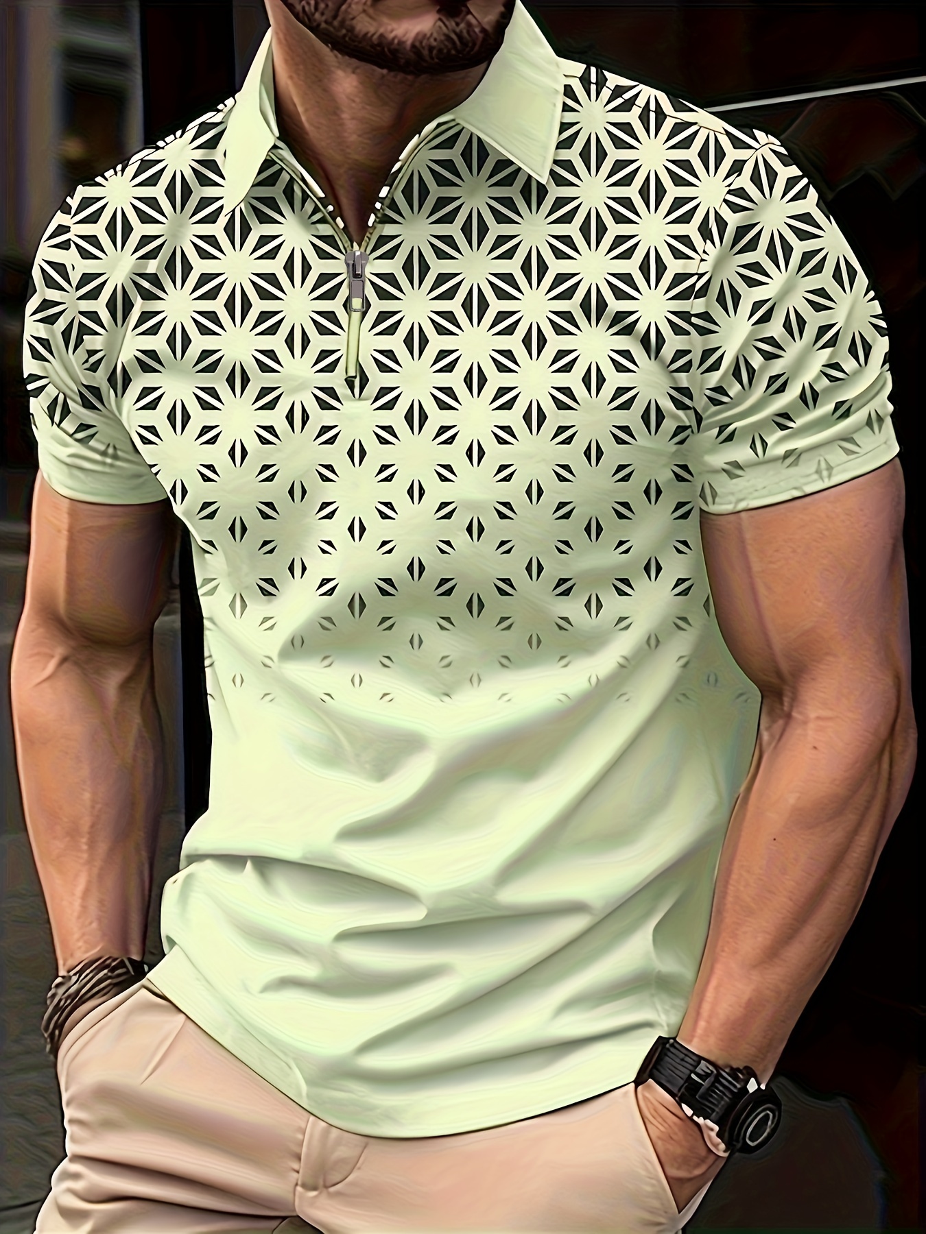geometry pattern mens casual comfy custom fit zip short sleeve shirt mens golf shirt tennis shirt mens clothing mix black and green 0