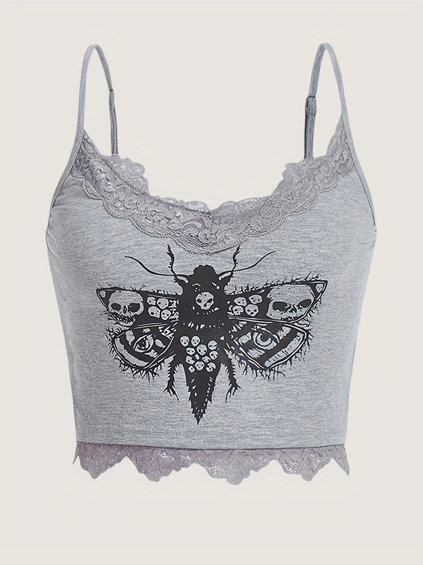 Y2k Grunge Skull Insect Print Spaghetti Cami Top Sexy Lace - Temu
