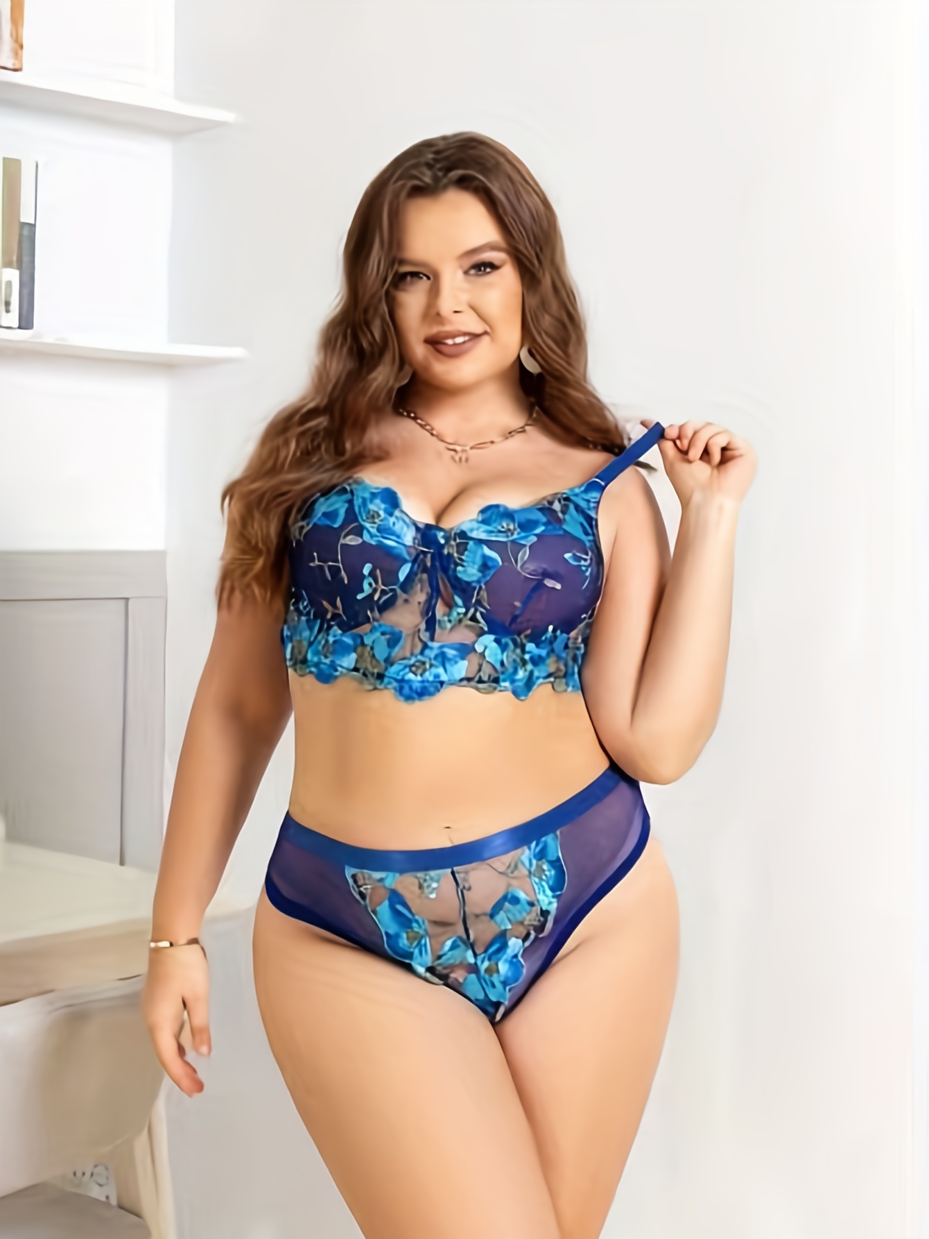 Plus Size Sexy Lingerie Set, Women's Plus Floral Embroidered Cut-out Mesh  Bra & Thong Lingerie Two Piece Set