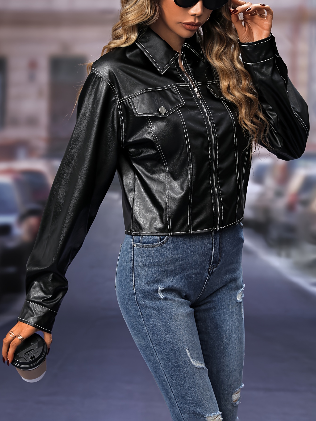 Solid PU Leather Jacket, Street Wear Zip up Long Sleeve Moto