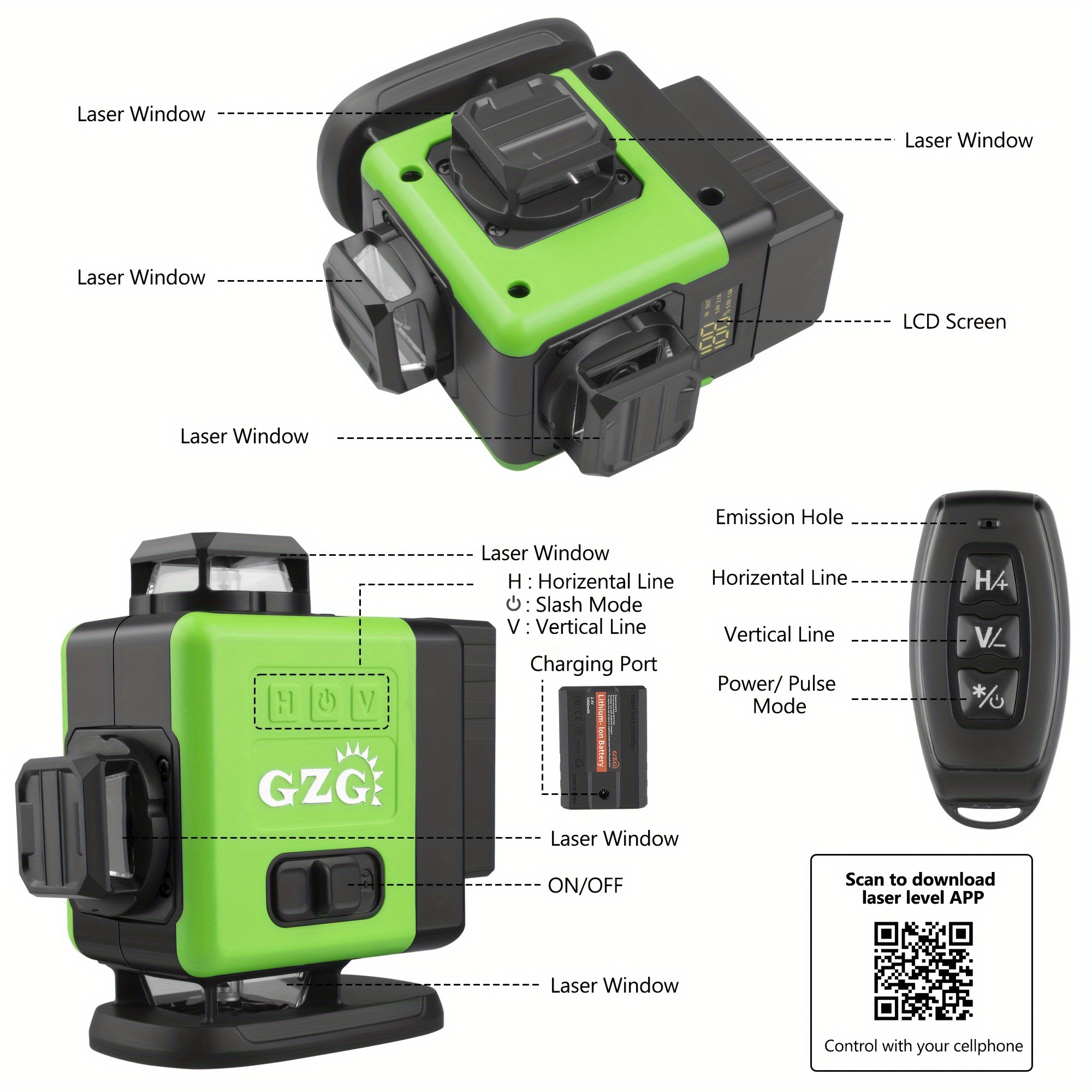 Nivel láser, nivel láser verde de 16 líneas para autonivelación de  edificios y colgados de imágenes, dos líneas verticales de 360° y dos  líneas