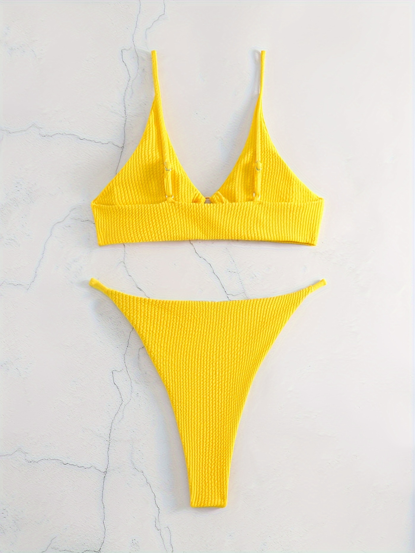 Ring Link Yellow Rib Knit Bikini Swimsuit V Neck Spaghetti - Temu