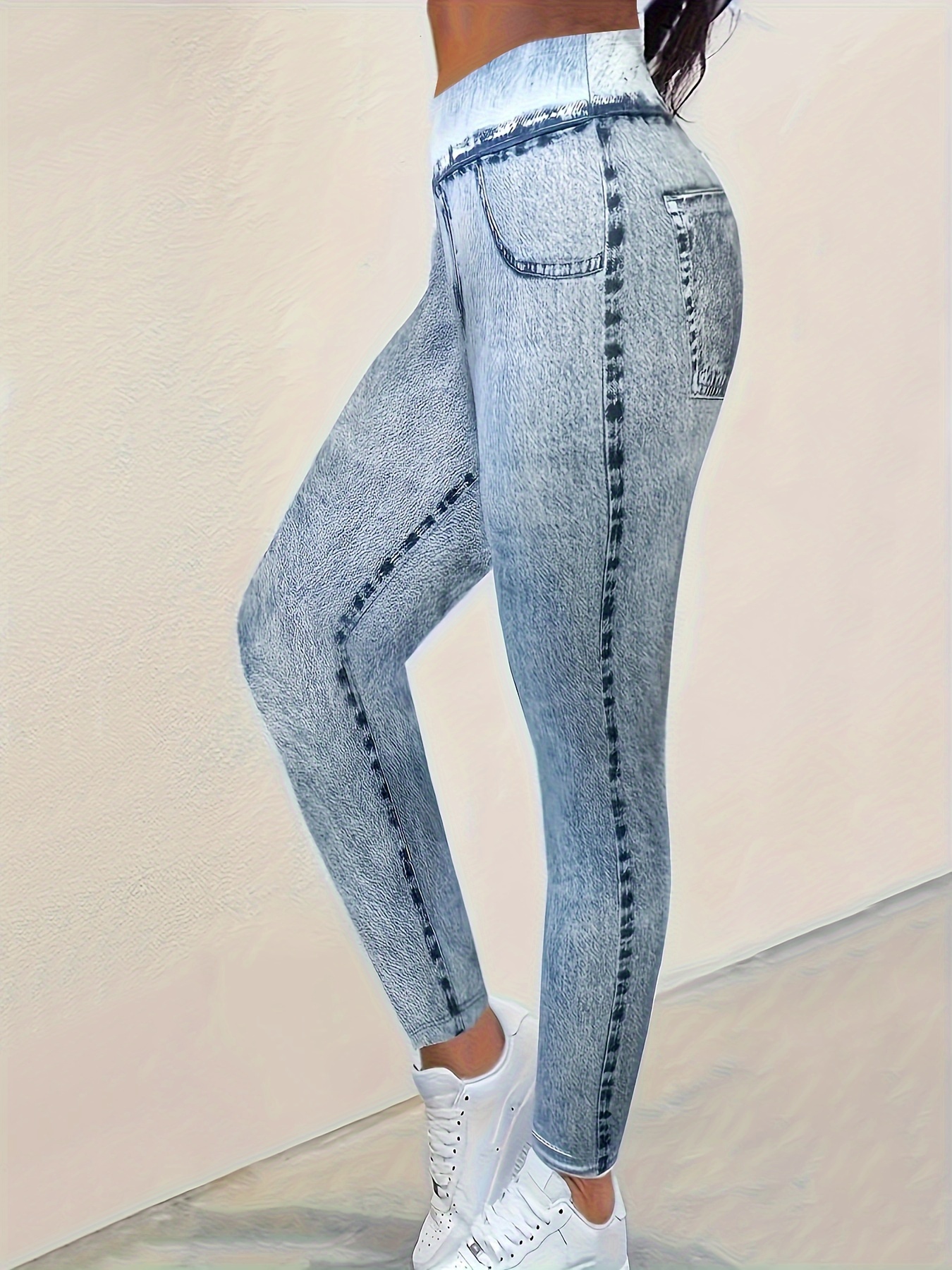 Faux Denim Jeans Print Yoga Sports Leggings Faux Zipper - Temu