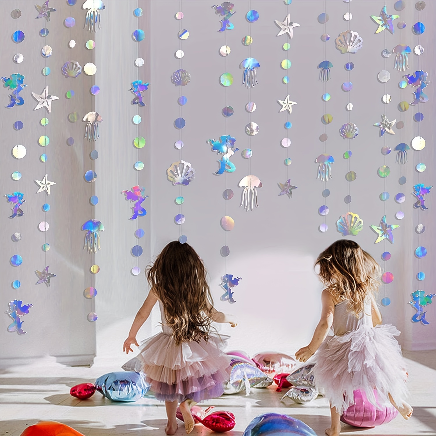 Rainbow Mermaid Garland - Set of Jellyfish, Starfish, Pearl Pull Flower Pendants for Under the Sea/Mermaid Theme Baby Shower, Wedding, and Birthday Party Decorations