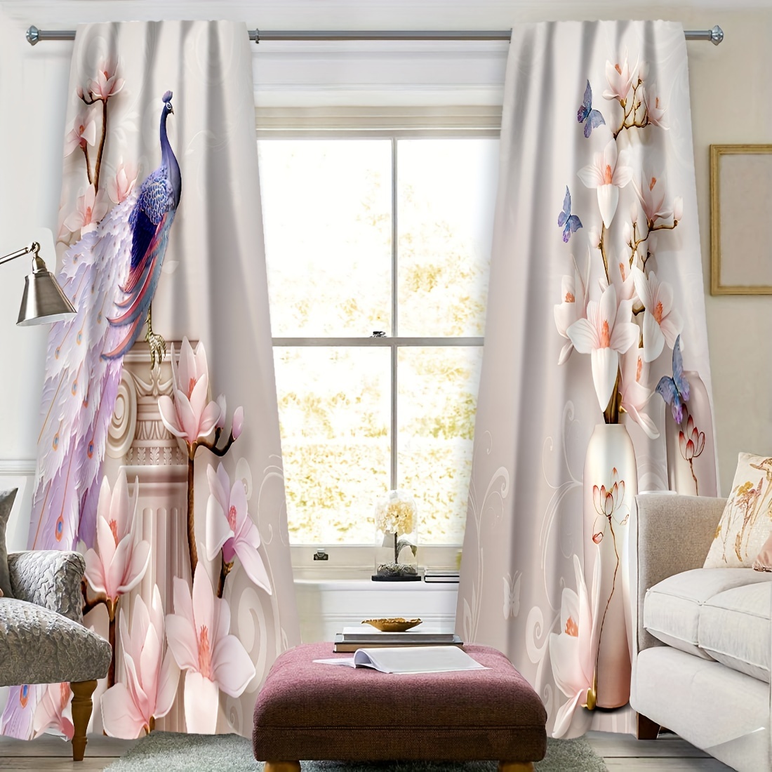  TKTTBD Hermosas cortinas opacas de pavo real, cortinas  estampadas con flores de magnolia, 2 paneles, cortinas de ventana, cortina  de ventana con aislamiento térmico con ojales para dormitorio, sala de  estar (