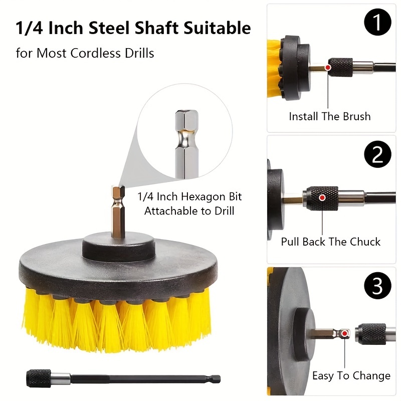 Bring It on Cleaner Drill Brush Attachment Set Three Brushes Power Scrubber Brush Cleaning Kit Plus 6 inch Extension, Use on Grout, Cars, Bathroom