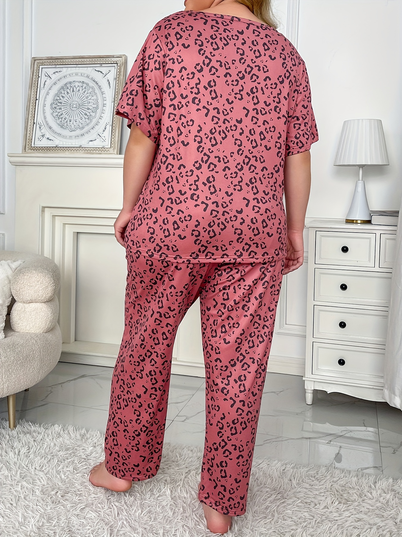 Plus Size Casual Pajama Set, Women's Plus Ombre Leopard Print Short Sleeve  Top & Pants Pajama Two Piece Set - Temu Bahrain