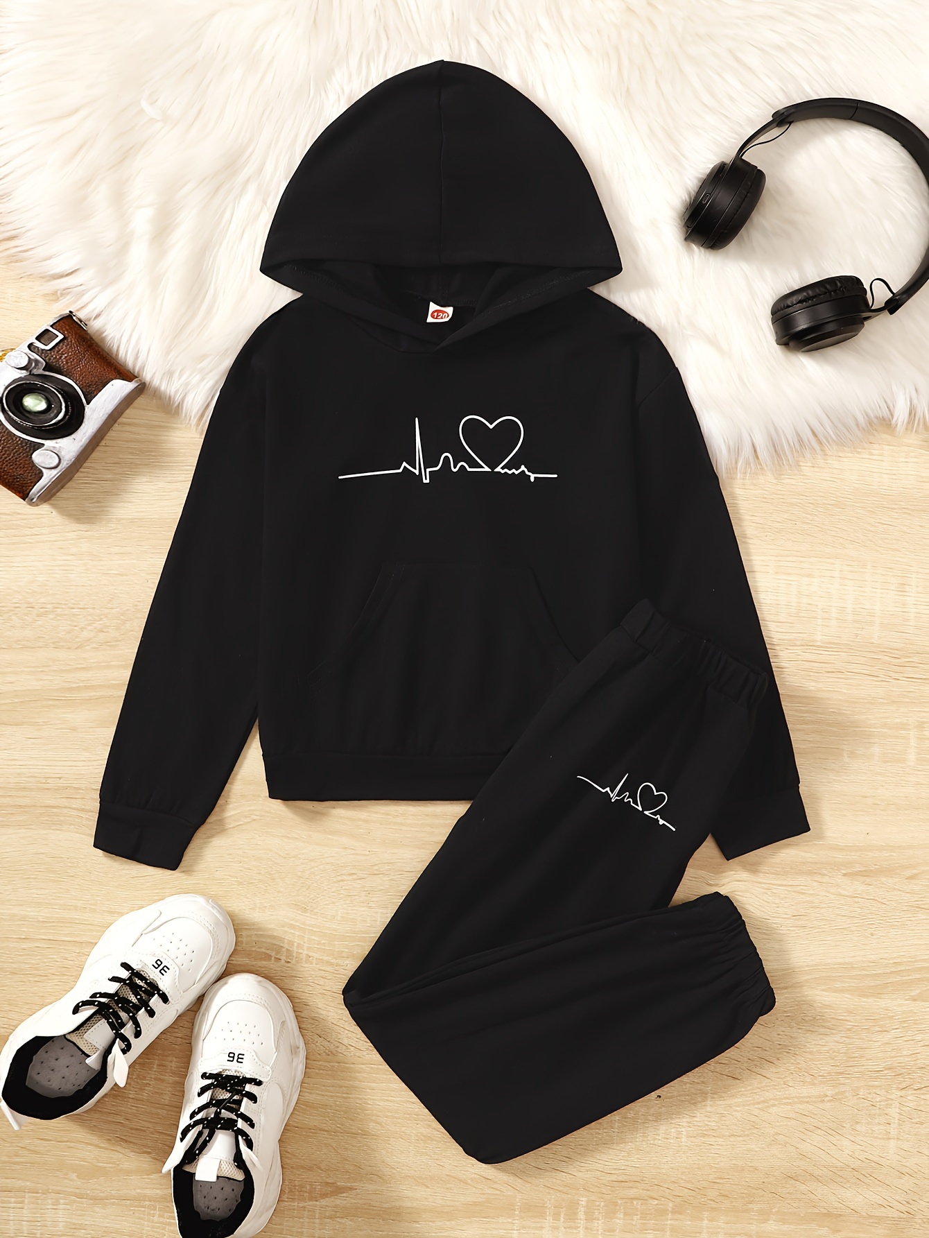 Girl's Color Clash Outfit, Heart Pattern Hoodie & Sweatpants Set