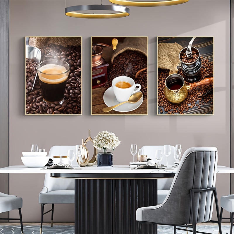  Cuadros de cocina para decoración de pared, lienzo con temática  de café, decoración para comedor, cafetería, bar, póster retro, cuadros  modernos con marco marrón, 12 x 12 x 4 paneles/juegos 