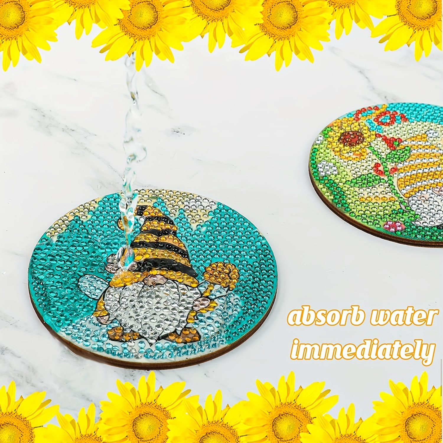 8 PCS Diamond Painting Coasters DIY Diamond Art Coasters Kit Bee Gnome 