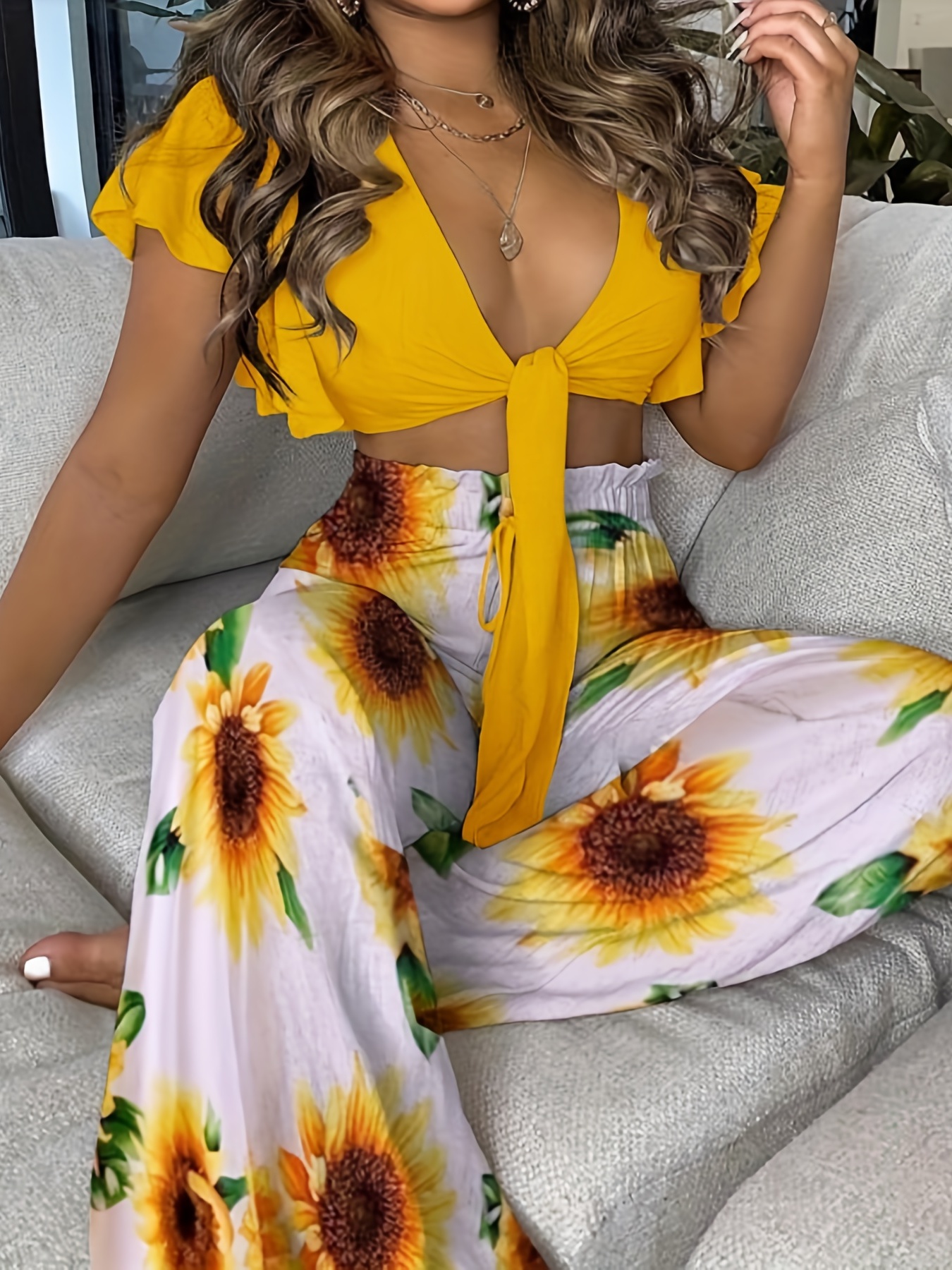 Sunflower Ankara African Print 2-Piece Crop Top and Maxi Skirt