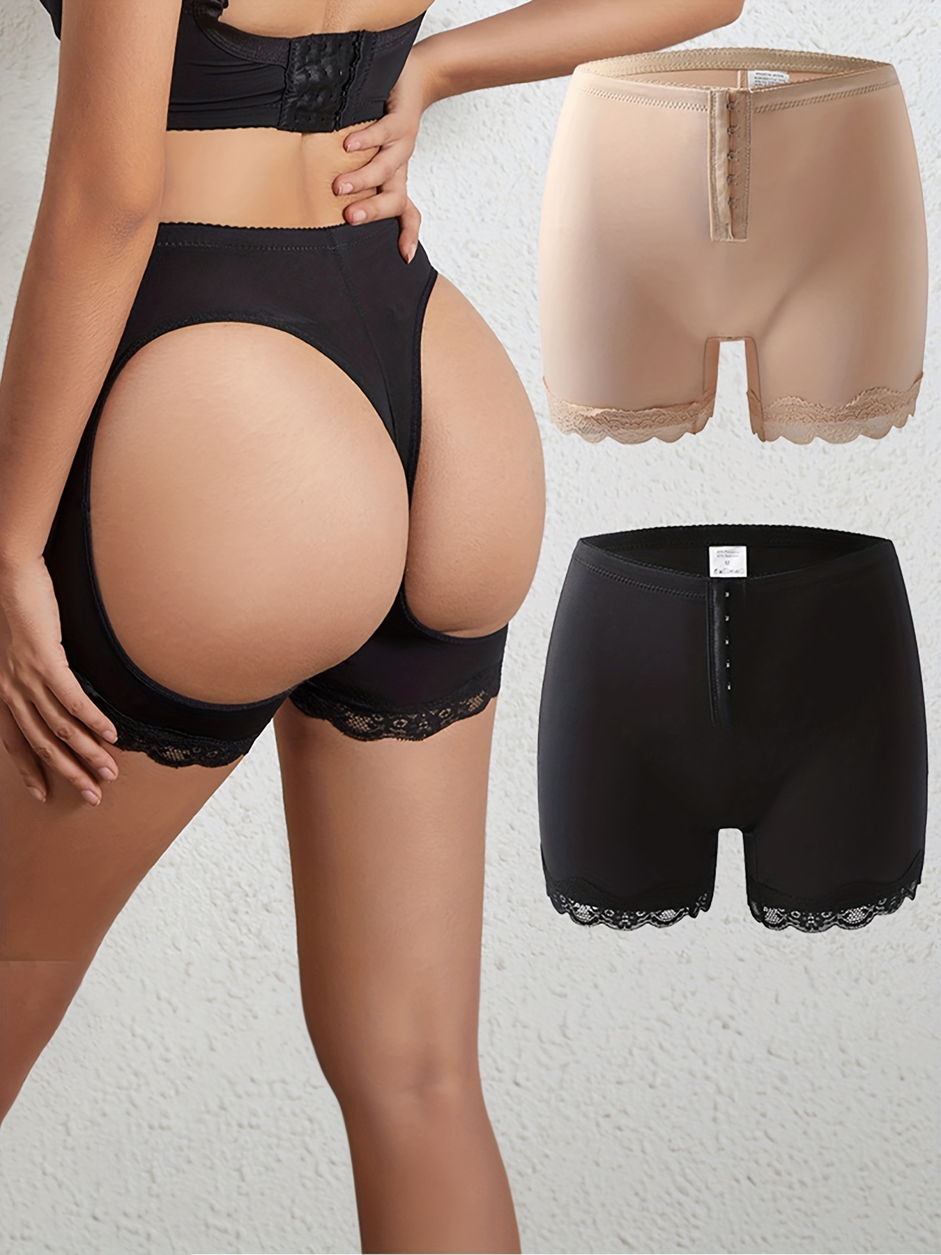 2 Pack Plus Size Sexy Panties Set, Women's Plus Closure Front Contrast Lace  Trim Butt Lifting Shorts Two Piece Set