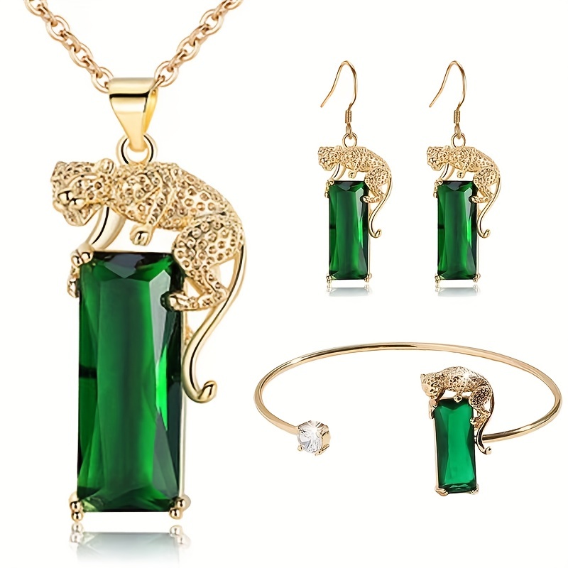 

1 Pair Dangle Earrings +1 Pc Necklace +1 Pc Bracelet With Rectangle Leopard Design Copper Jewelry Set Green Zircon Inlaid Personality Gift