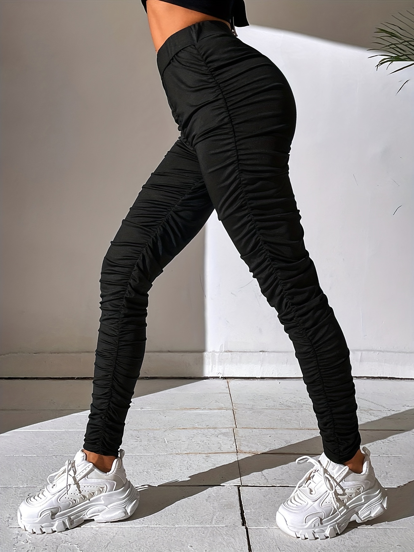 Ruched High Waist Skinny Leggings Casual Every Day Stretchy - Temu
