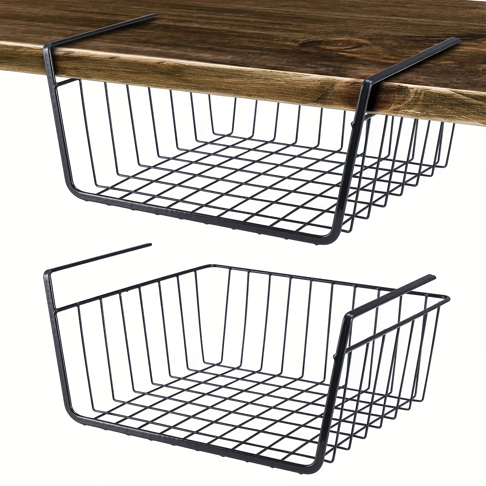 2pcs Metal Iron Wire Basket Wood Handle Shelf Storage Box Pantry