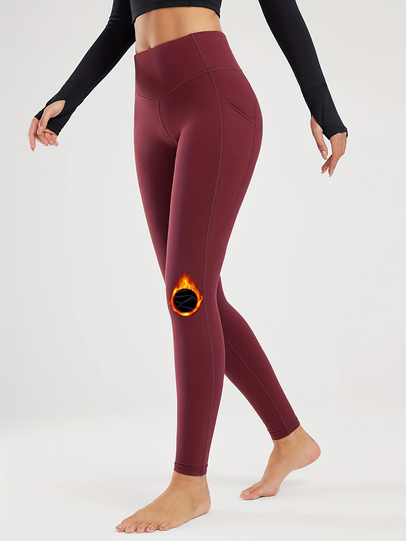 Solid Color Fleece Lined Thermal Yoga Leggings High Waist - Temu