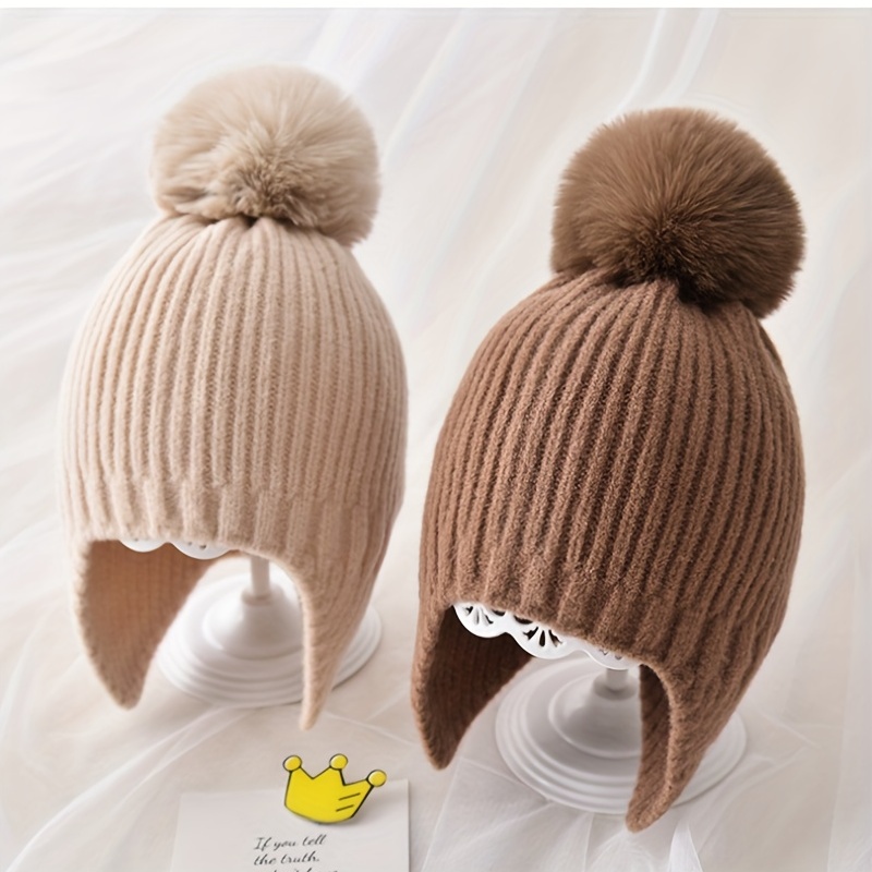 Bonnet en tricot brun, chapeau dhiver pour enfants, bonnet pompon