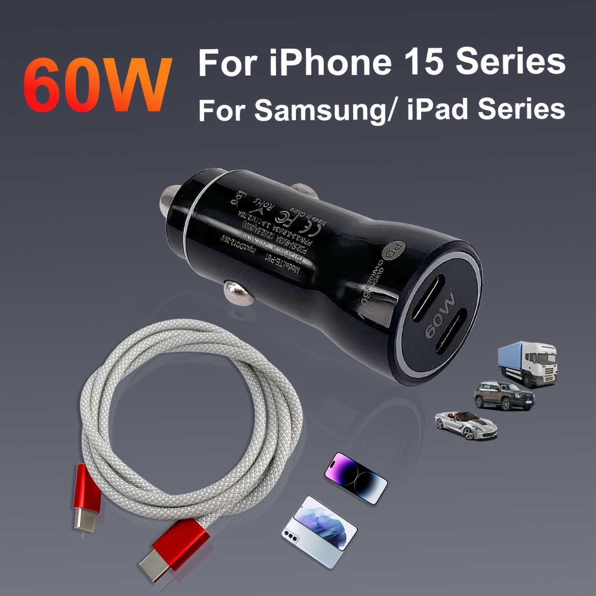Cargador de coche USB C de 38 W, cargador de coche de carga rápida tipo C,  adaptador de encendedor de cigarrillos QC+PD para iPhone 14, Samsung S23