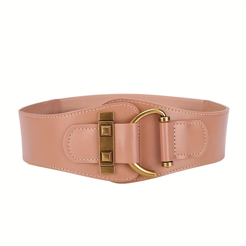 Vintage Leather Wide Belt Solid Color Classic Buckle Elastic - Temu