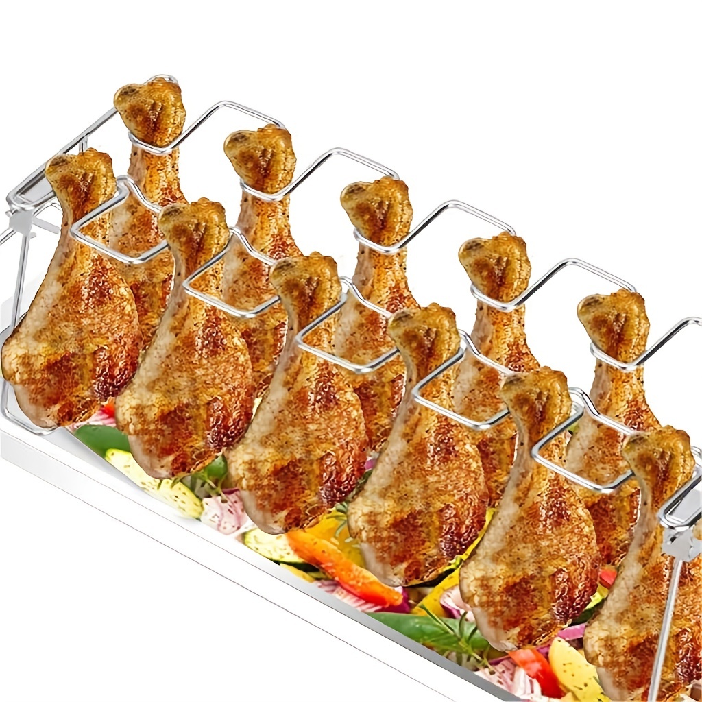 Chicken Leg Wing Rack 14 Slots Stainless Steel Metal Roaster Stand with Drip Tray for BBQ Smoker Grill or Oven, Dishwasher Safe