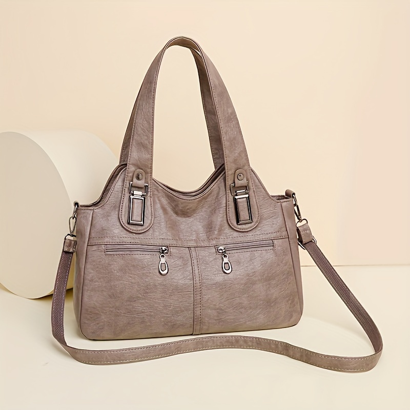Image of Large Capacity Tote Bag | Shoulder Crossbody And Handheld, Synthetic, Zipper Closure, Removable Strap, , In, Purple, Red, Khaki, Light Brown, - Rongxiao Brand