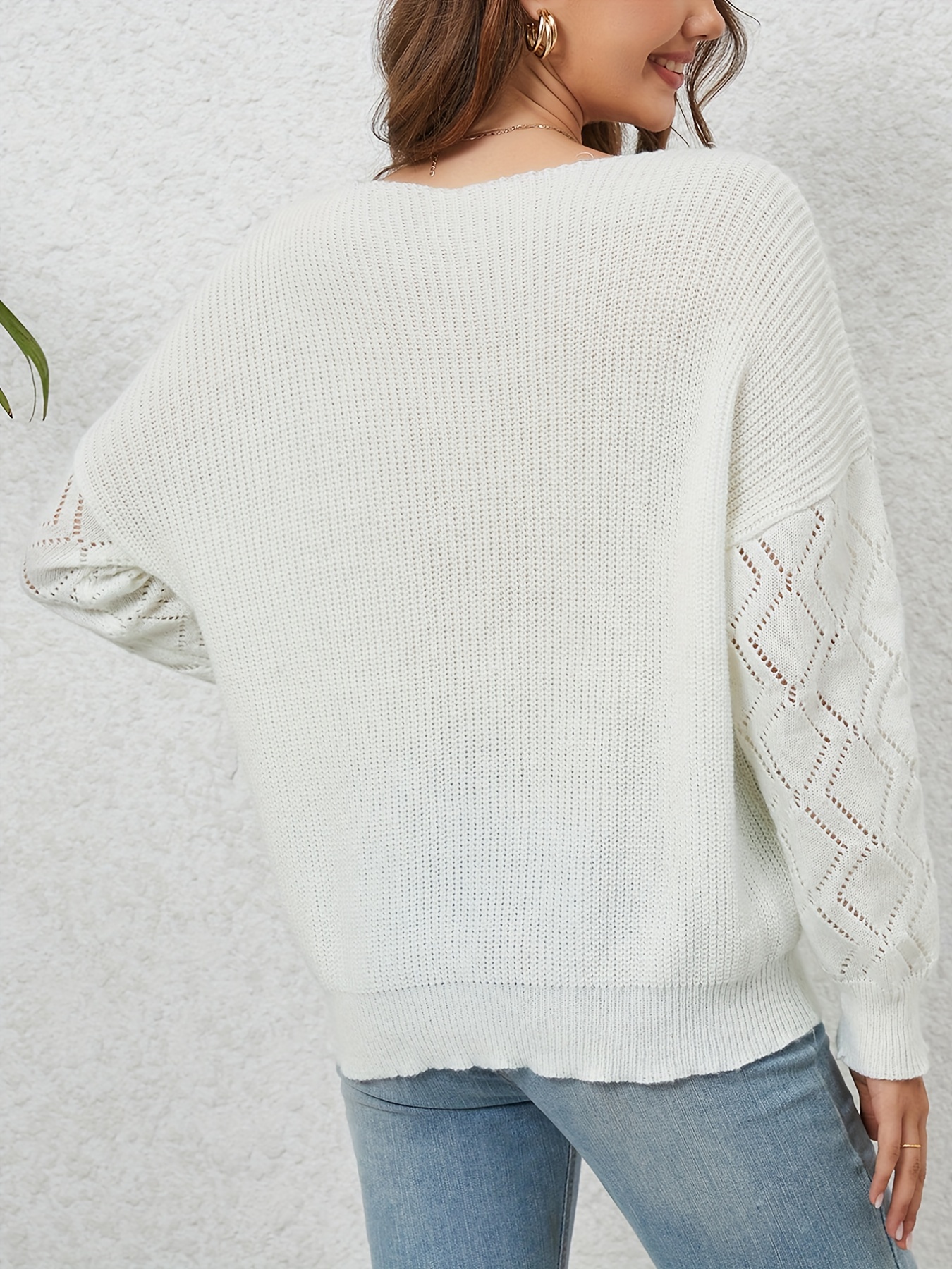  Guipure Lace Panel Pointelle Knit Sweater (Color