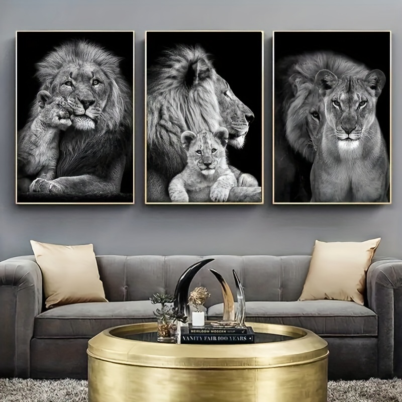  Arte de animales en blanco y negro Pintura en lienzo de la  familia del león bebé póster e impresiones de arte de pared para sala de  estar, decoración del hogar Cuadro 