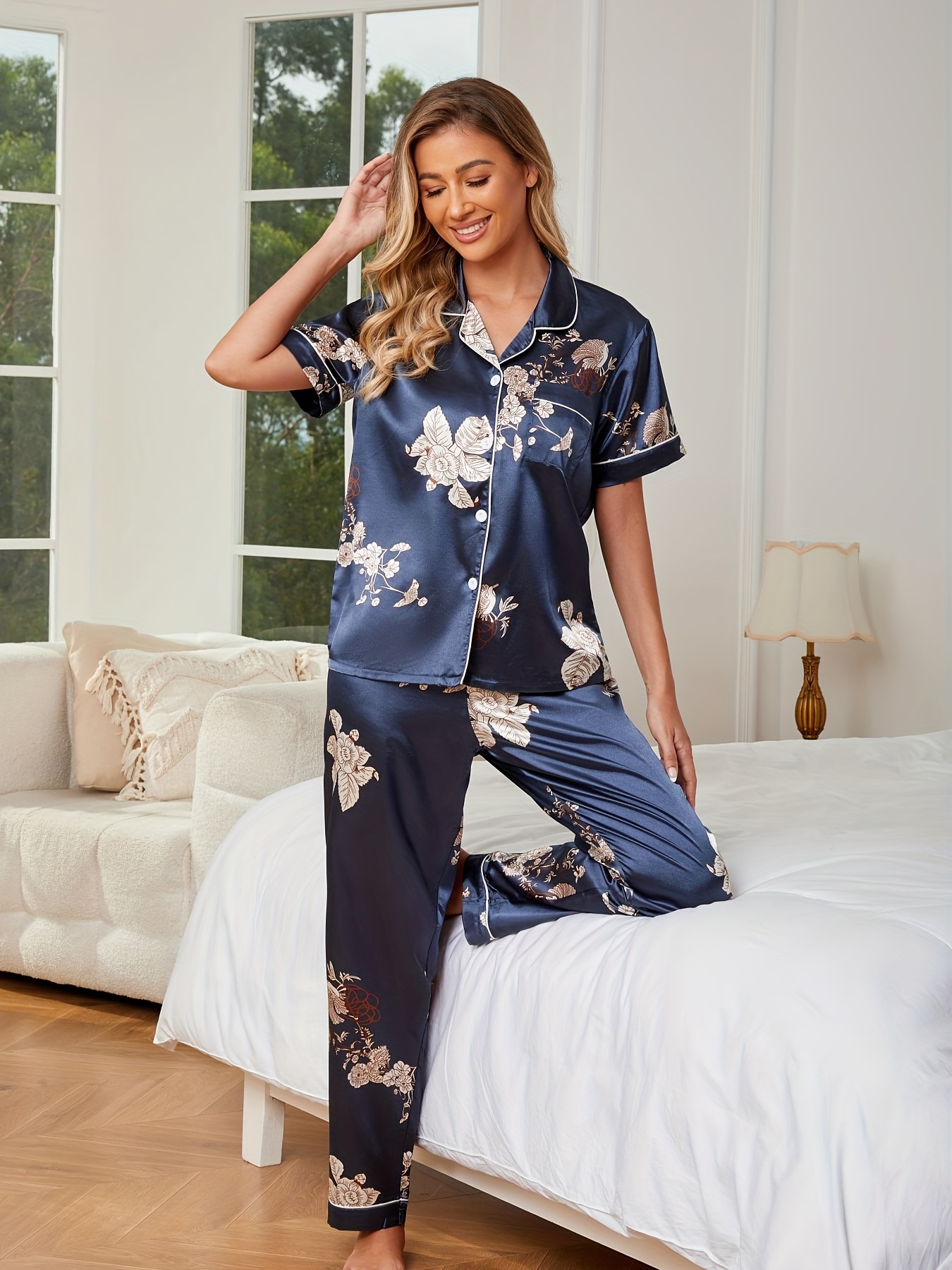 Floral Print Satin Pajama Set Short Sleeve Buttons Top - Temu