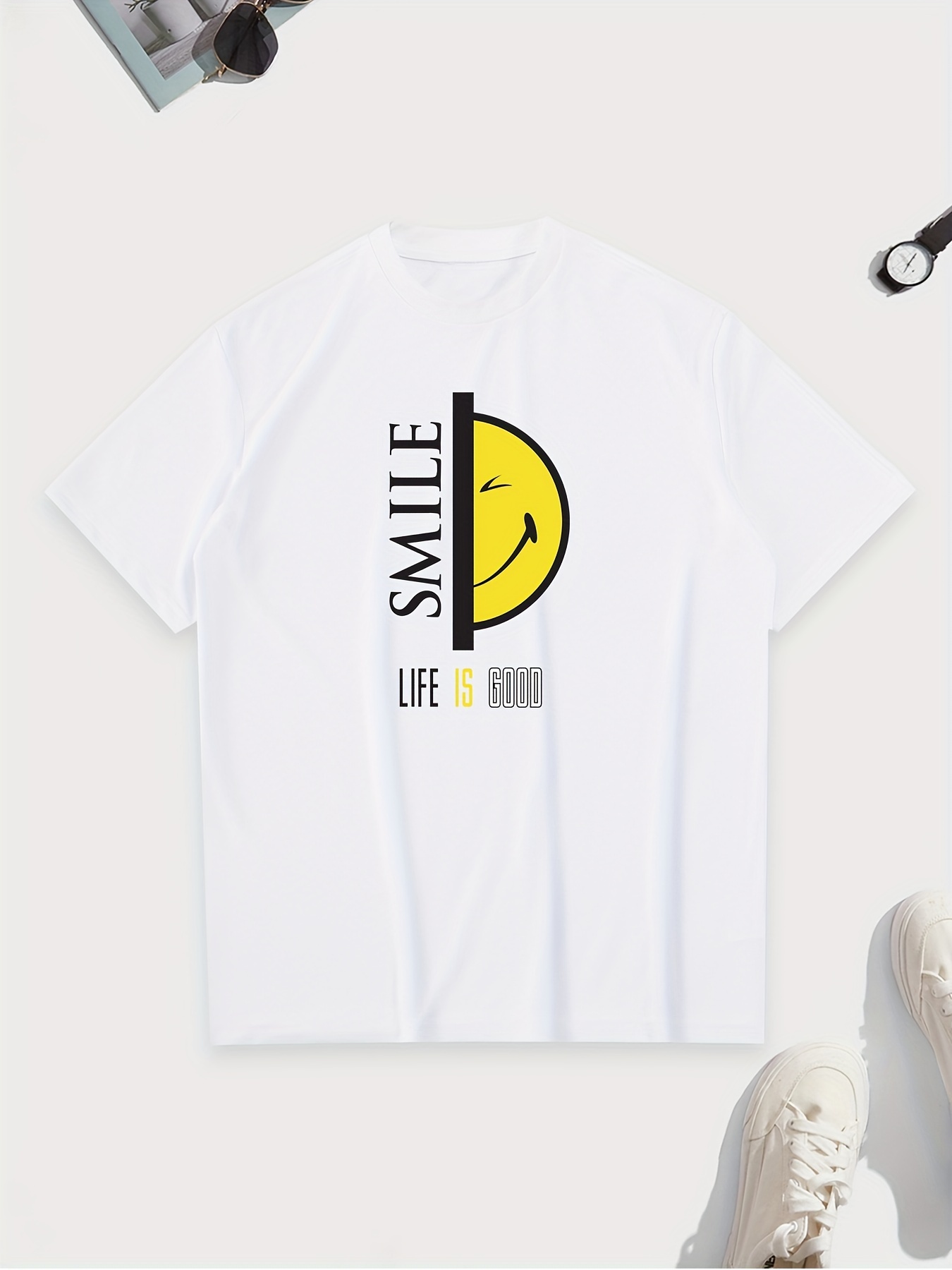 Stylish Slogan Smile Life Is Good Print Mens Plus Size T Shirts