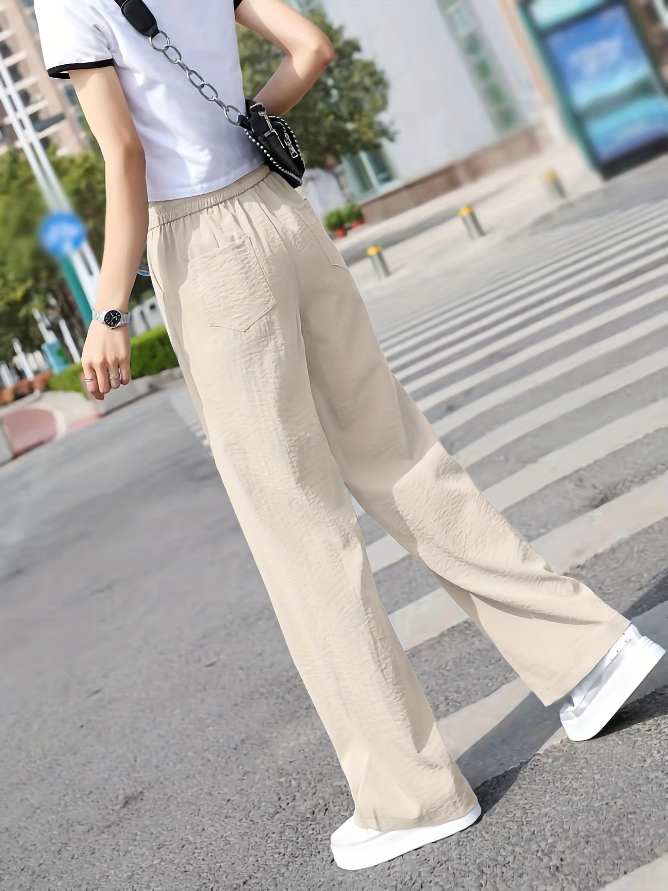 www. - Elastic waist women Linen pants wide leg pants