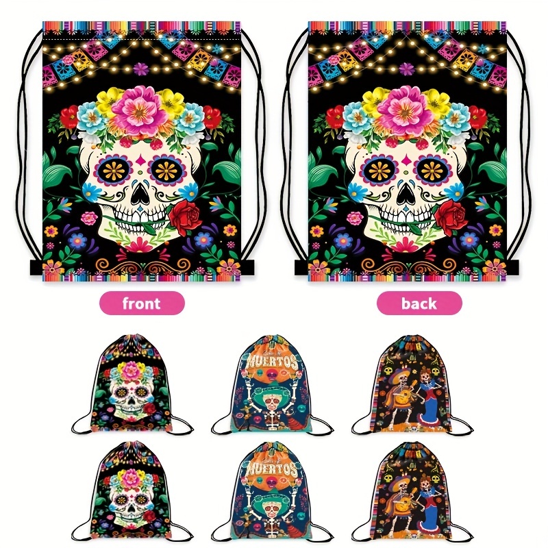 Halloween Skull Gym Swim Drawstring Backpack Bags Portable Storage Bag