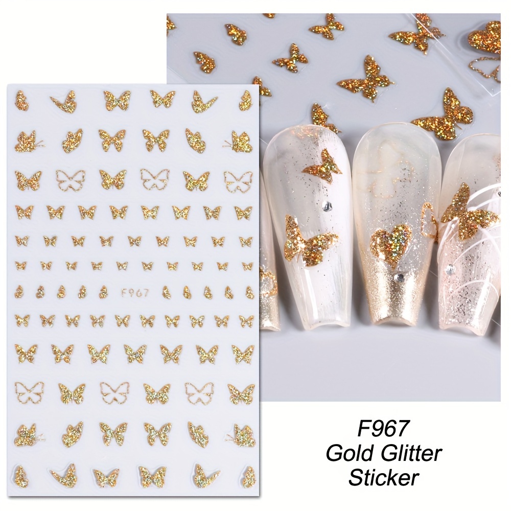 

Golden Glitter Butterfly Design Nail Art Stickers, Self Adhesive Glitter Swirl Line Design Nail Art Decals For Nail Art Decoration, Frecnh Tip Nail Stickers For Women And Girls