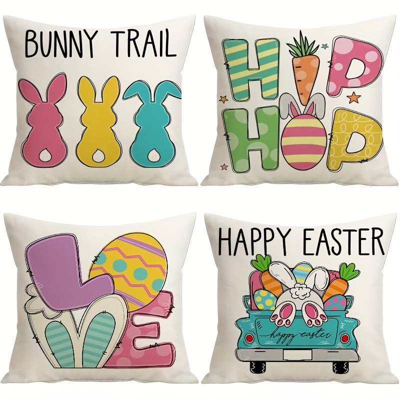 

4pcs Pillow Covers 18x18 Inch Bunnies Easter Throw Pillow Covers Truck Love Easter Decorative Cushion Covers Carrots Spring Easter Decorations For Sofa Couch