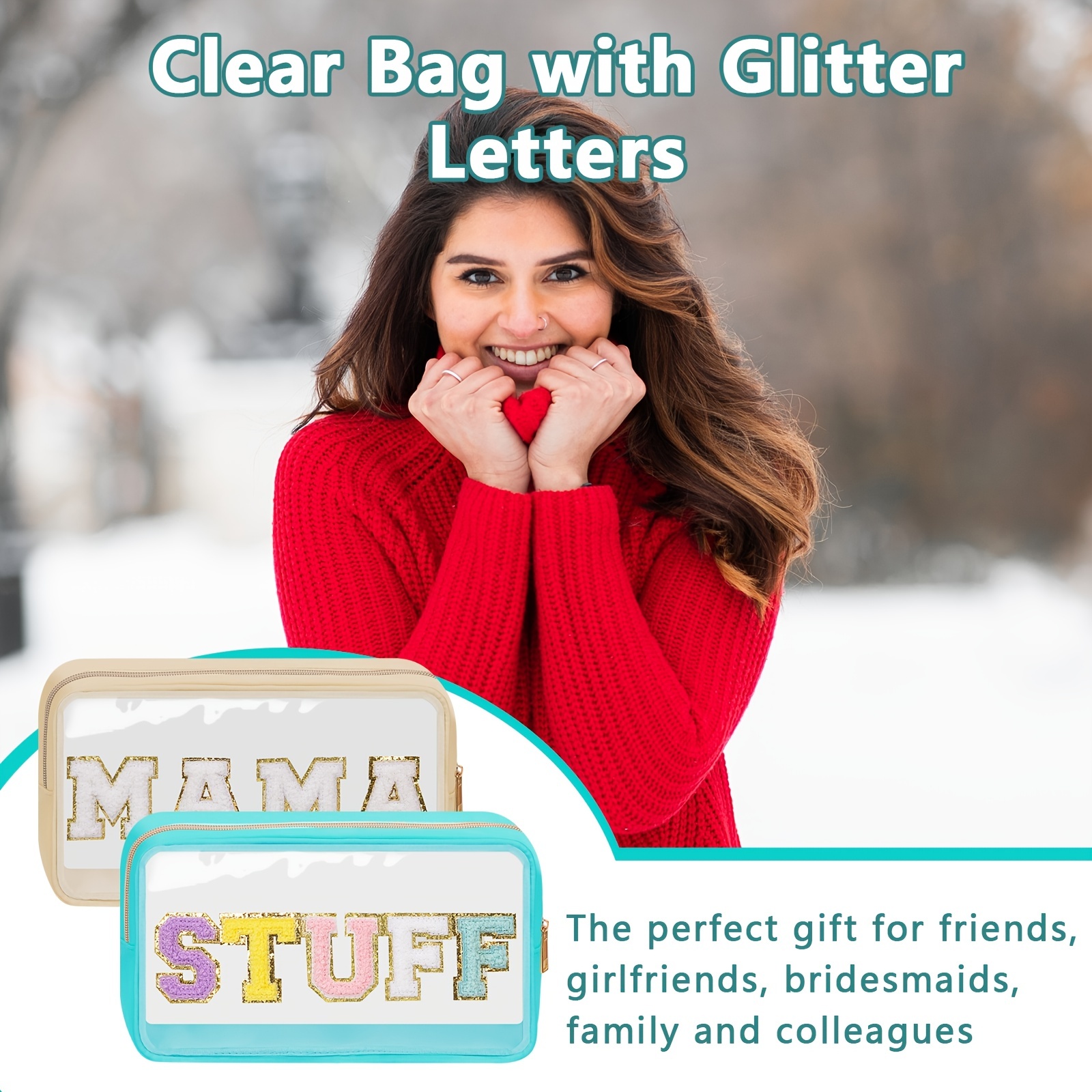 Chenille Letter Clear Makeup Bags Mama Pouch Preppy Patch