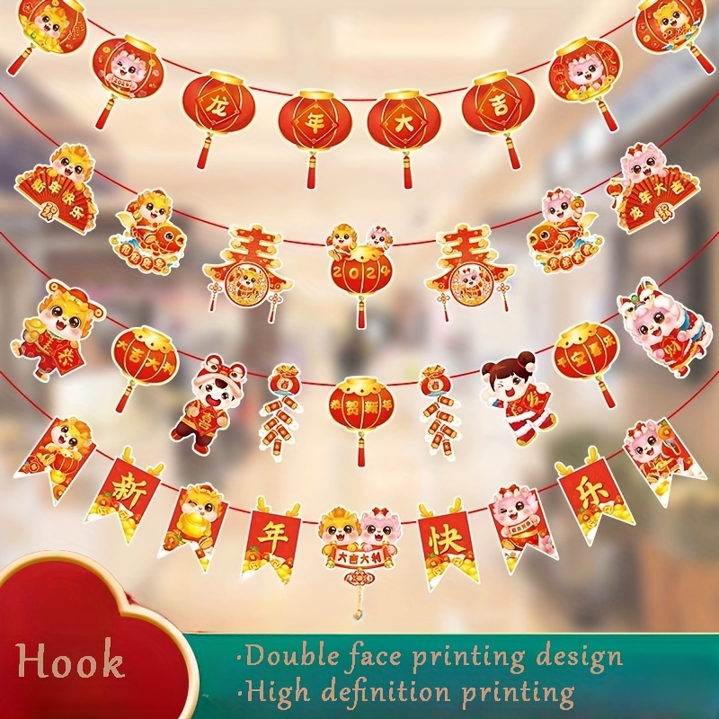 Happy Chinese New Year Banners 2024 CNY Hanging Banners for Chinese Lunar New Year Decoration, Lantern Gold Ingot Banners for New Year Party