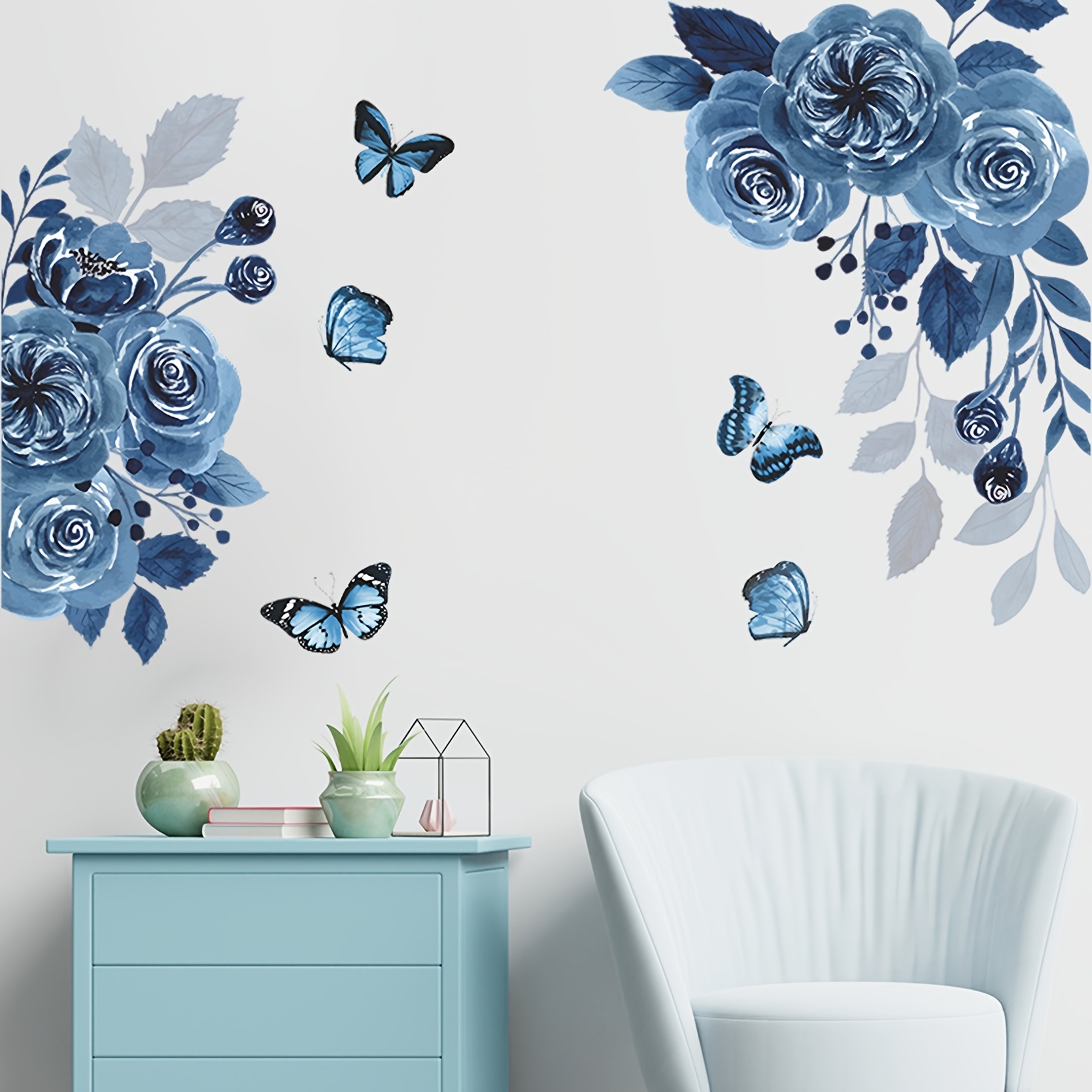 Fleurs Bleu Papillon Peint Poster Art Salon Chambre Cabinet Décoration Stickers  Muraux Décoration Stickers Muraux Papier Peint Graphique Du 4,9 €