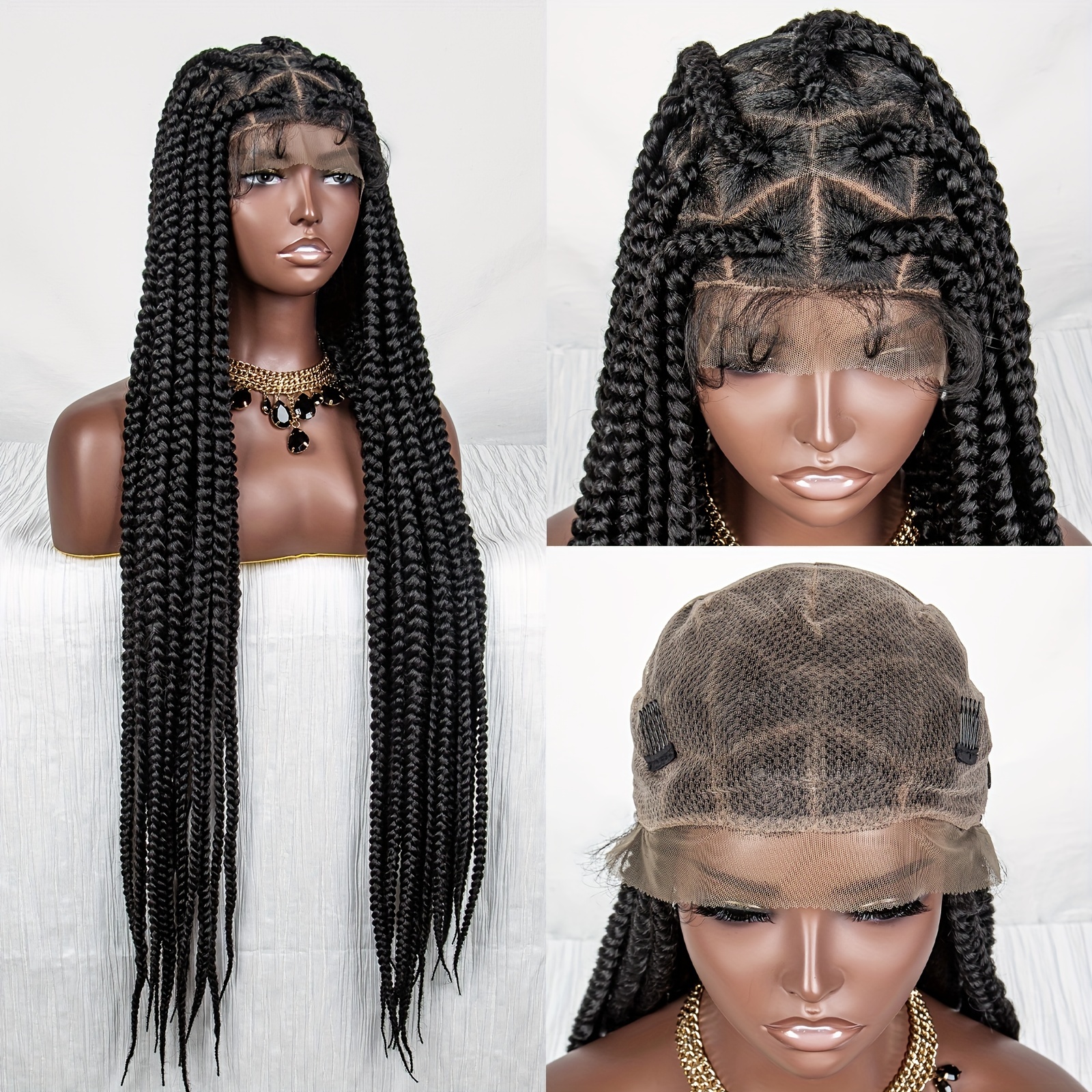 Black Ombre Blue Lace Box Braided Wigs For Women Full Lace Box Braids Wigs  Synthetic Long Lightweight Hair Wigs