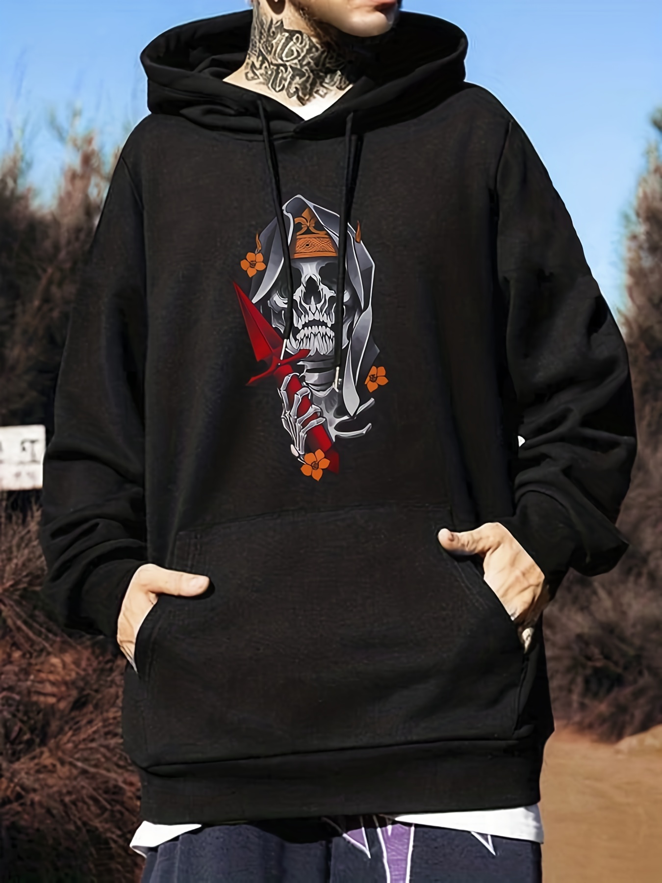 Hooded Slight Stretch Casual Sweatshirt, Men's Long Sleeve Print Pocket Drawstring Top Hoodie,Coffee,Temu